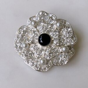 Vintage Elegant Silver crystals pearls  and Black center stone  Floral Brooch